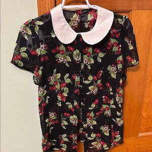 SOLD Hell Bunny Cherry Print Blouse with Peter Pan Collar